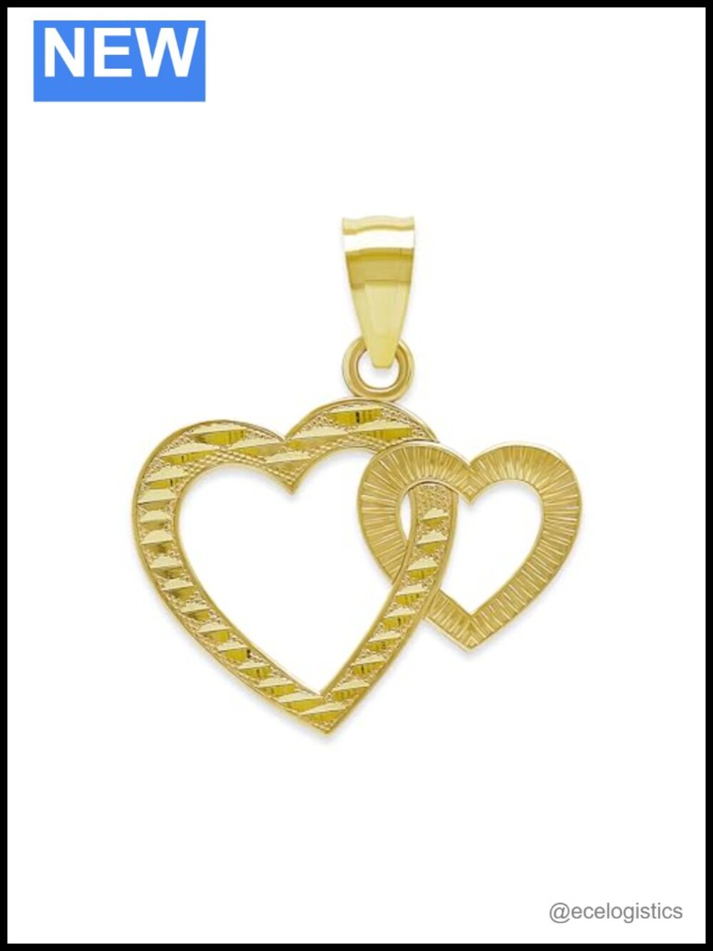 10K Solid Gold Double Heart Charm Pendant 3/4" Fine Jewelry